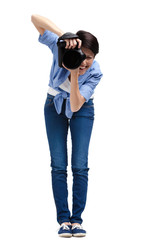 Woman-photographer takes shots, isolated on a white - 56545623