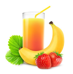 isolated fruit drink. Glass of strawberry and banana shake isolated on white background