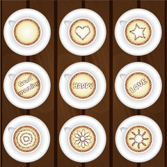 Set of coffee cups on wooden background