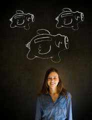 Businesswoman, student or teacher with chalk piggy banks concept