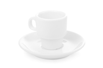 White coffee cup and saucer isolated on white background.