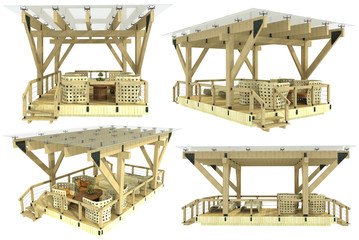 3d model of a wooden pergola on a white background