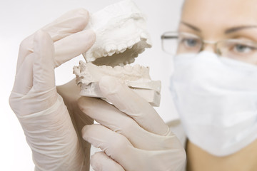 dentist holding denture model, correction of bite