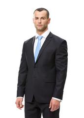 Half-length portrait of serious businessman, isolated on white