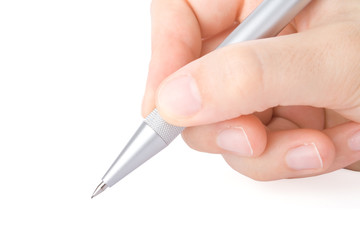 Hand writing with a pen in a white background.