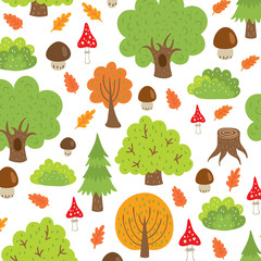 seamless pattern autumn trees and mushrooms