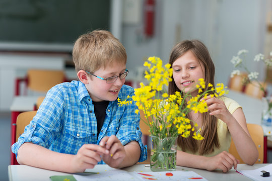 Sch&uuml;ler untersuchen Pflanze im Bio-Unterricht