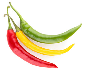 three colorful chili peppers isolated on white background
