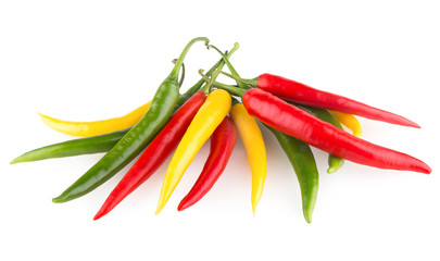 colorful chili peppers isolated on white background