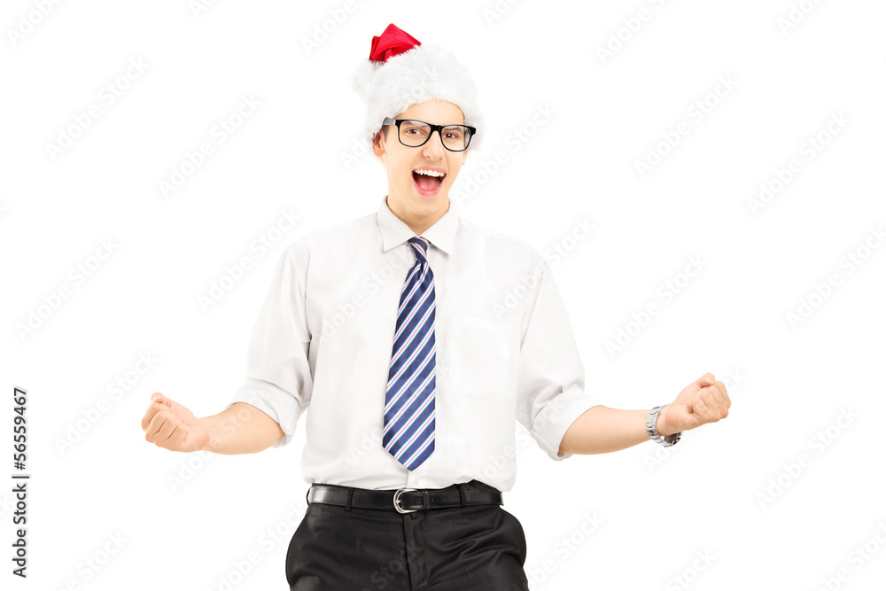 Sticker Happy male with santa hat gesturing happiness