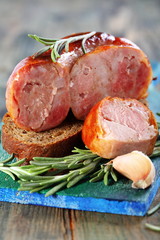Home sausage on rye bread.