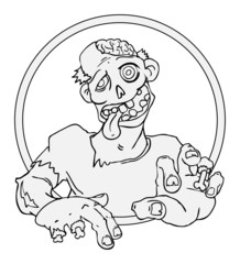 Creepy zombie coming out of circle, black and white