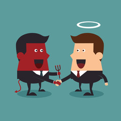 Evil and angel shaking hands, Business concept