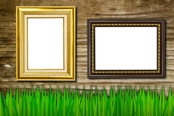 Frame on the grass and old wood background
