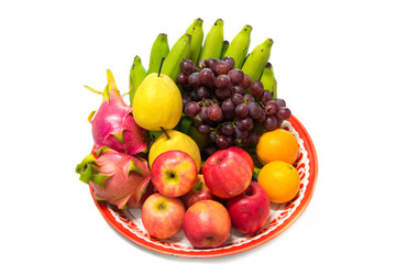 Fruit Platter with Apples, Red Grapes,banana,dragon fruit,orange
