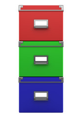 three color office cardboard boxes isolated on white background