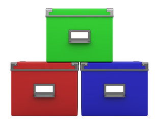 three color office cardboard boxes isolated on white background
