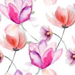 Colorful pink flowers, watercolor illustration