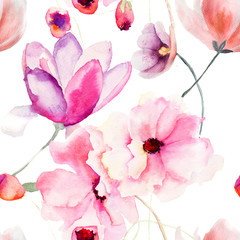 Watercolor seamless pattern with Pink flowers - 56574699