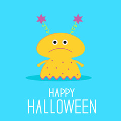 Fototapeta premium Cute cartoon yellow monster girl. Happy Halloween card