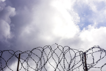 Barbed wire on sky background.