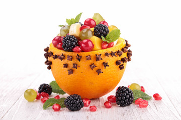 fruit salad in orange bowl