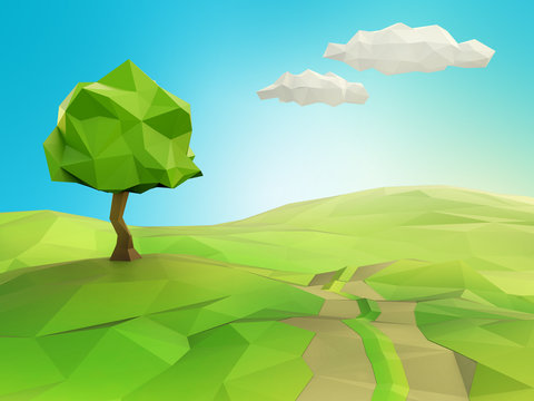 One tree on a grass field illustration