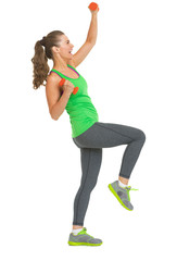 Full length portrait of happy healthy woman making exercise 