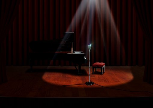 Piano and Microphone under spotlight with Red Curtains