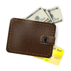 Leather wallet with dollars and a gold credit card