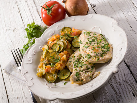 escalope with tomatoes and zucchinis