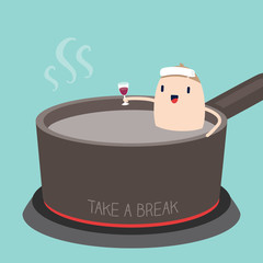 Man in Hot tub with Take a Break concept cartoon Illustration