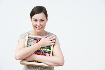 Smiling Woman Using Abacus