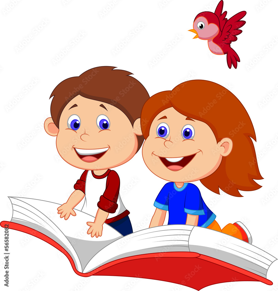 Wall mural boy and girl flying on a book