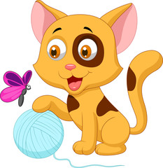 Cute cat cartoon playing with ball of yarn and butterfly