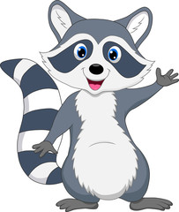 Cute raccoon cartoon waving hand - obrazy, fototapety, plakaty