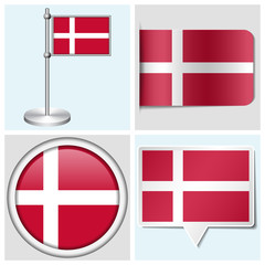 Denmark flag - sticker, button, label and flagstaff
