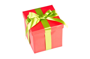 Isolated Christmas gift box with green ribbon.