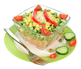 Tasty salad with fresh vegetables, isolated on white