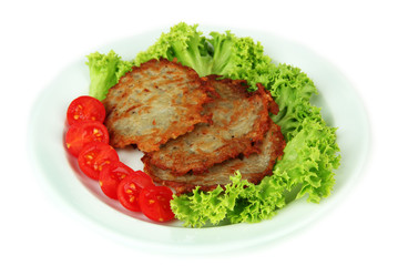 Potato pancakes on plate, isolated on white