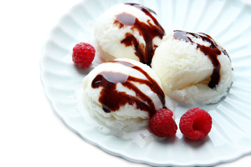 Delicious ice cream on plate close-up