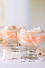 Tasty yogurt with marshmallows, close up