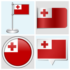 Tonga flag - set of various sticker, button, label and flagstaff