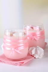 Tasty yogurt with marshmallows, close up