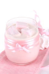 Tasty yogurt with marshmallows, isolated on white