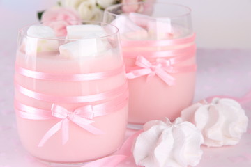 Tasty yogurt with marshmallows, close up