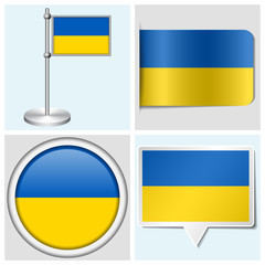 Ukraine flag - sticker, button, label and flagstaff