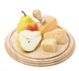 cheese and fruit on a white background