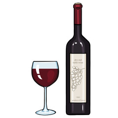 vector cartoon illustration: glass and bottle of red wine