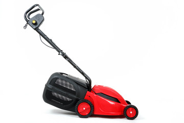 new red lawnmower on white background